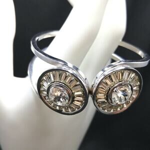 Vintage Clear Rhinestone Hinged Clamper Bracelet, Rhodium Plated, Wedding Cuff
